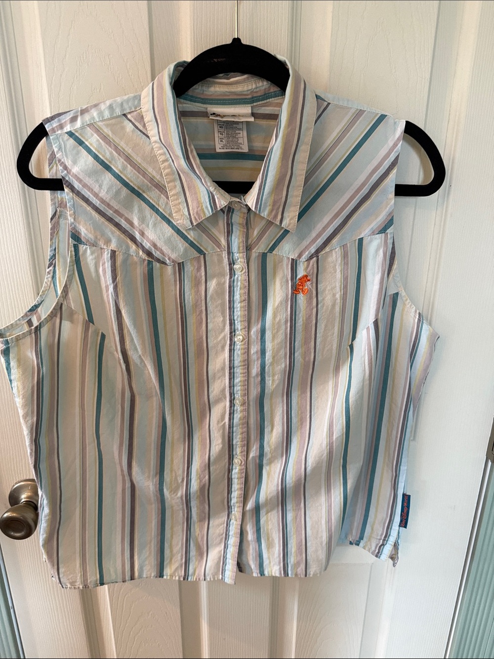 Disney Sleeveless Button-Up Top in Teal, Light Blue & White
